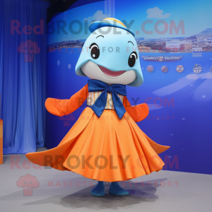 Orange Blue Whale mascot costume character dressed with a Pleated Skirt and Belts