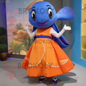 Orange Blue Whale mascot costume character dressed with a Pleated Skirt and Belts