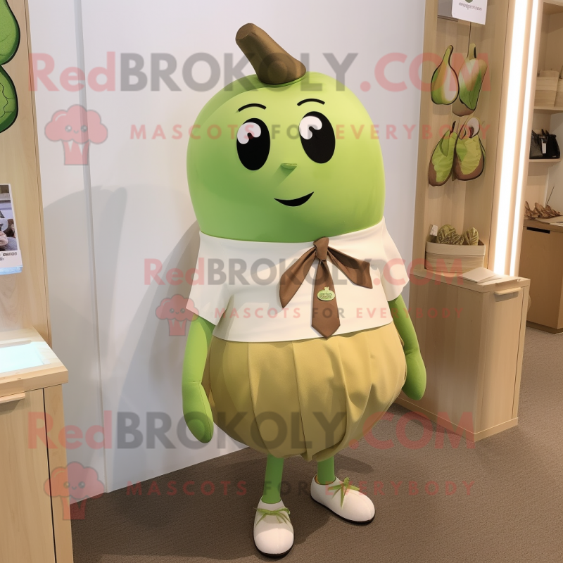 Olive Apple mascot costume character dressed with a Pleated Skirt and Tie pins Olive Apple mascot costume character dressed with a Pleated Skirt and Tie pins