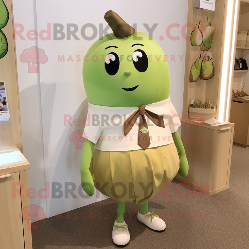 Olive Apple mascot costume character dressed with a Pleated Skirt and Tie pins