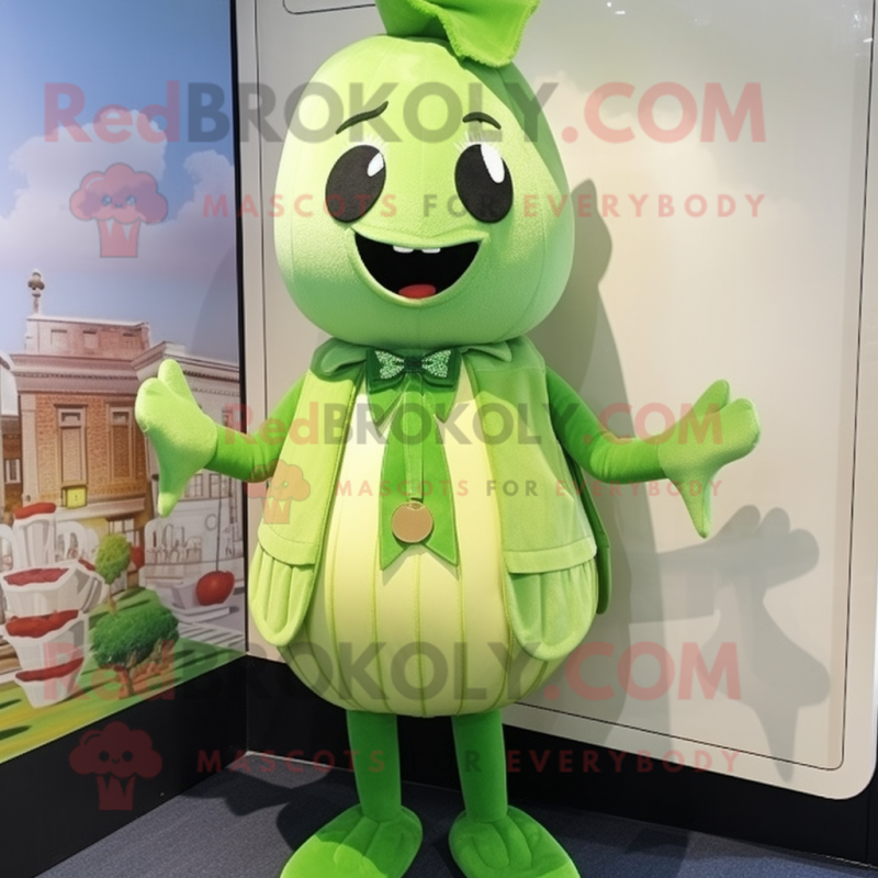 Olive Apple mascot costume character dressed with a Pleated Skirt and Tie pins