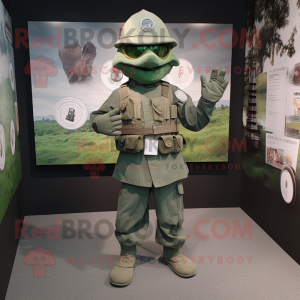 Silver Green Beret mascot costume character dressed with a A-Line Dress and Cummerbunds