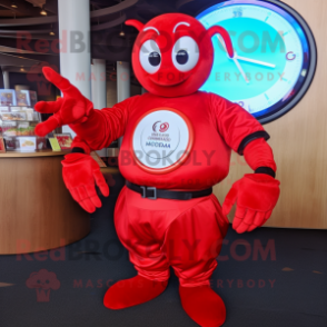 Red Lobster mascot costume character dressed with a Circle Skirt and Digital watches