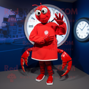 Red Lobster mascot costume character dressed with a Circle Skirt and Digital watches