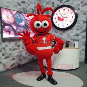 Red Lobster mascot costume character dressed with a Circle Skirt and Digital watches