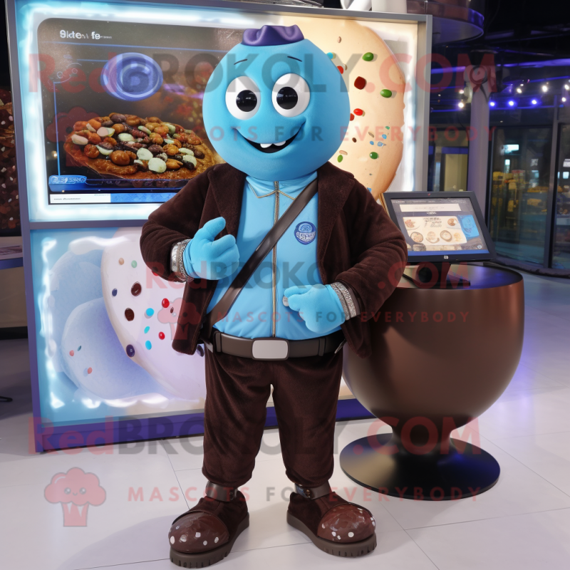 Blue Chocolates mascot costume character dressed with a Bomber Jacket and Smartwatches Blue Chocolates mascot costume character dressed with a Bomber Jacket and Smartwatches
