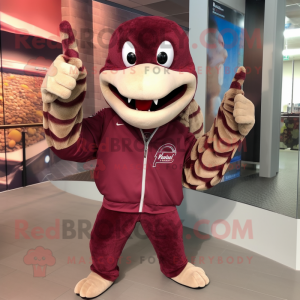 Maroon Snake mascot costume character dressed with a Windbreaker and Mittens