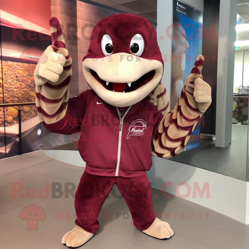 Maroon Snake mascot costume character dressed with a Windbreaker and Mittens Maroon Snake mascot costume character dressed with a Windbreaker and Mittens