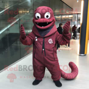 Maroon Snake mascot costume character dressed with a Windbreaker and Mittens