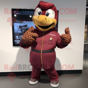 Maroon Snake mascot costume character dressed with a Windbreaker and Mittens