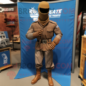 Brown Gi Joe mascot costume character dressed with a Chambray Shirt and Wraps