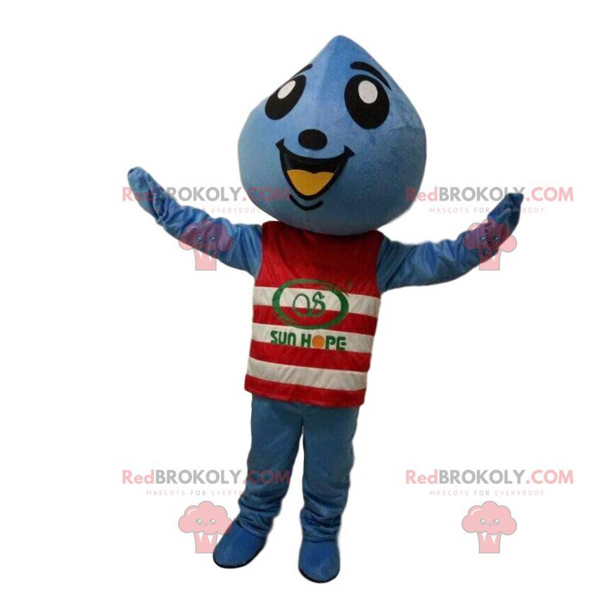 Mascota gota azul con un suéter de rayas rojas y blancas -