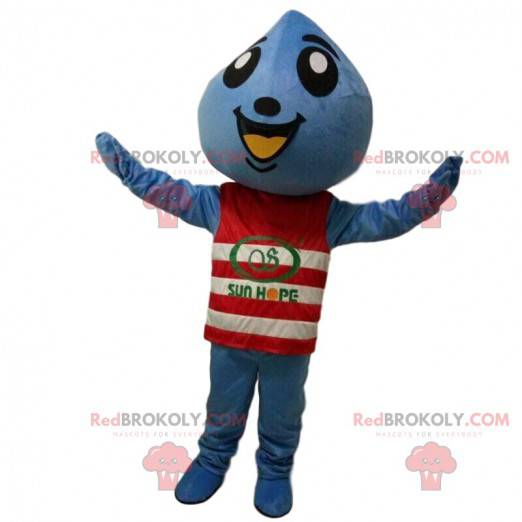 Mascote azul com um suéter listrado vermelho e branco -