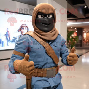 Brown Gi Joe mascot costume character dressed with a Chambray Shirt and Wraps