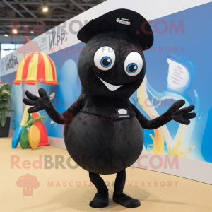 Black Shrimp Scampi mascot costume character dressed with a One-Piece Swimsuit and Caps