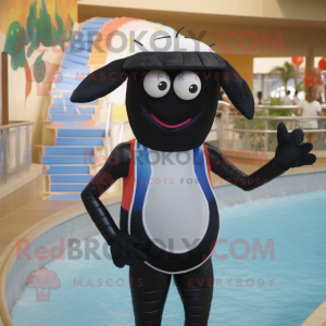 Black Shrimp Scampi mascot costume character dressed with a One-Piece Swimsuit and Caps