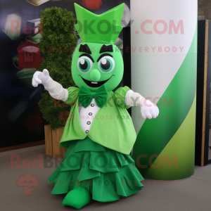 Green Queen mascot costume character dressed with a Vest and Bow ties