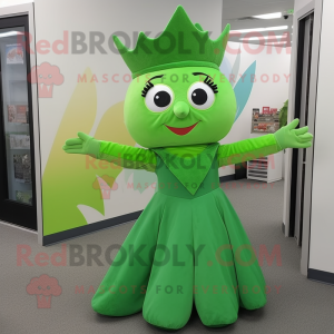 Green Queen mascot costume character dressed with a Vest and Bow ties