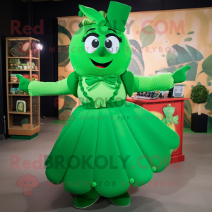 Green Queen mascot costume character dressed with a Vest and Bow ties