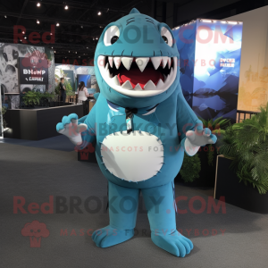 Cyan Megalodon mascot costume character dressed with a Long Sleeve Tee and Necklaces
