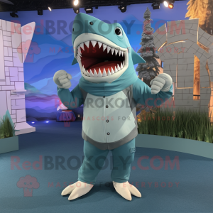 Cyan Megalodon mascot costume character dressed with a Long Sleeve Tee and Necklaces