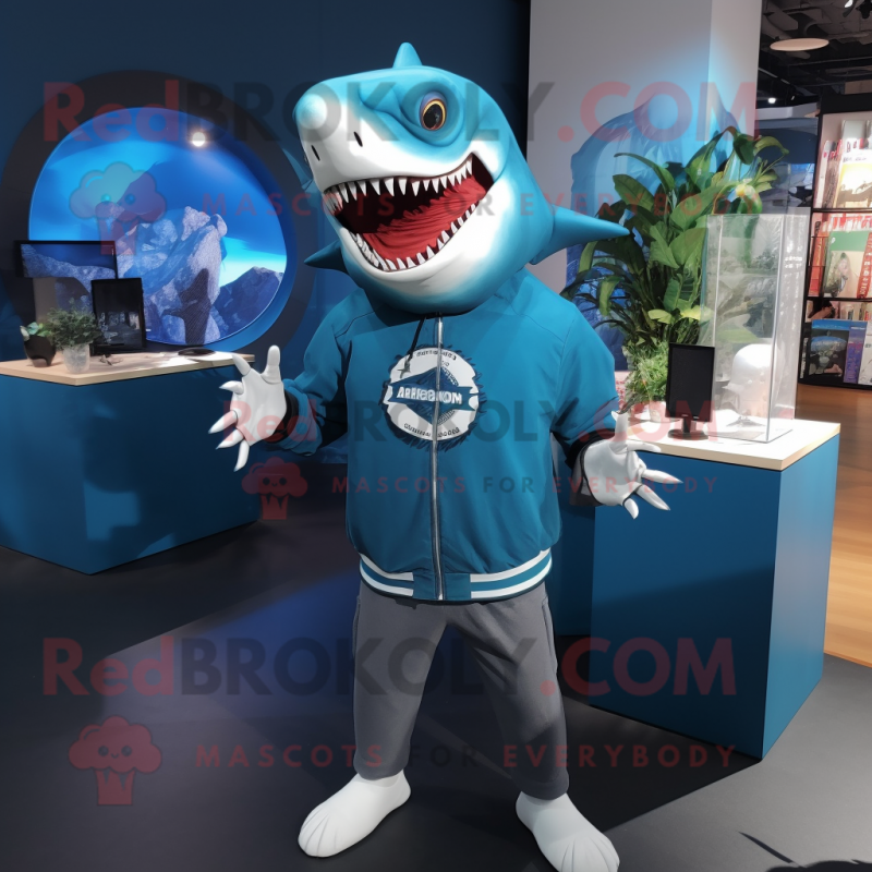 Cyan Megalodon mascot costume character dressed with a Long Sleeve Tee and Necklaces