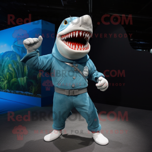 Cyan Megalodon mascot costume character dressed with a Long Sleeve Tee and Necklaces