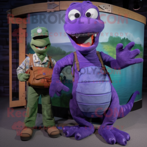 Purple Loch Ness Monster mascot costume character dressed with a Cargo Pants and Brooches