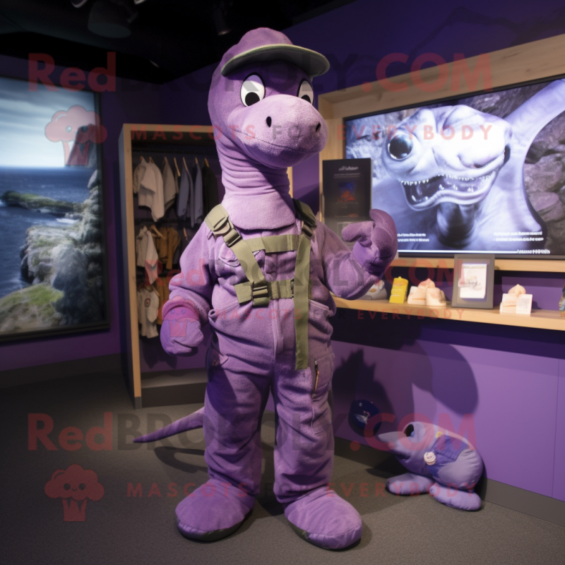 Purple Loch Ness Monster mascot costume character dressed with a Cargo Pants and Brooches Purple Loch Ness Monster mascot costume character dressed with a Cargo Pants and Brooches
