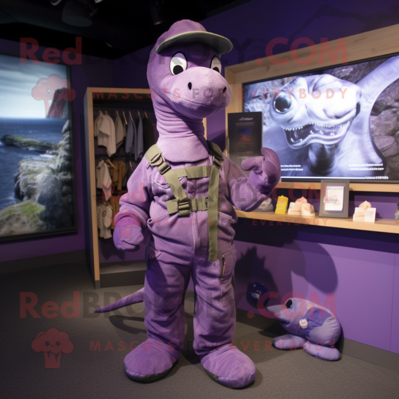 Purple Loch Ness Monster mascot costume character dressed with a Cargo Pants and Brooches