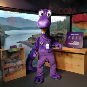 Purple Loch Ness Monster mascot costume character dressed with a Cargo Pants and Brooches