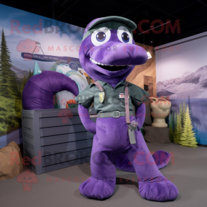 Purple Loch Ness Monster mascot costume character dressed with a Cargo Pants and Brooches