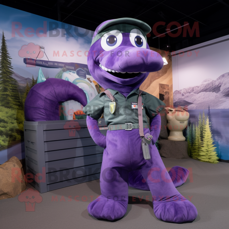 Purple Loch Ness Monster mascot costume character dressed with a Cargo Pants and Brooches