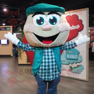 Teal Pizza Slice mascot costume character dressed with a Flannel Shirt and Suspenders