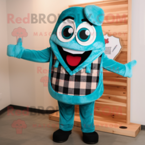 Teal Pizza Slice mascot costume character dressed with a Flannel Shirt and Suspenders