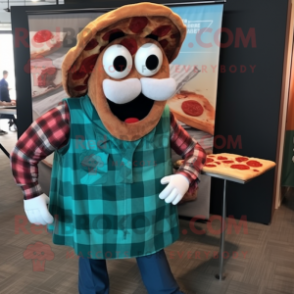 Teal Pizza Slice mascot costume character dressed with a Flannel Shirt and Suspenders