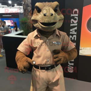 Brown Komodo Dragon mascot costume character dressed with a Dress Shirt and Bracelet watches