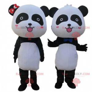 2 black and white panda mascots, couple of pandas -