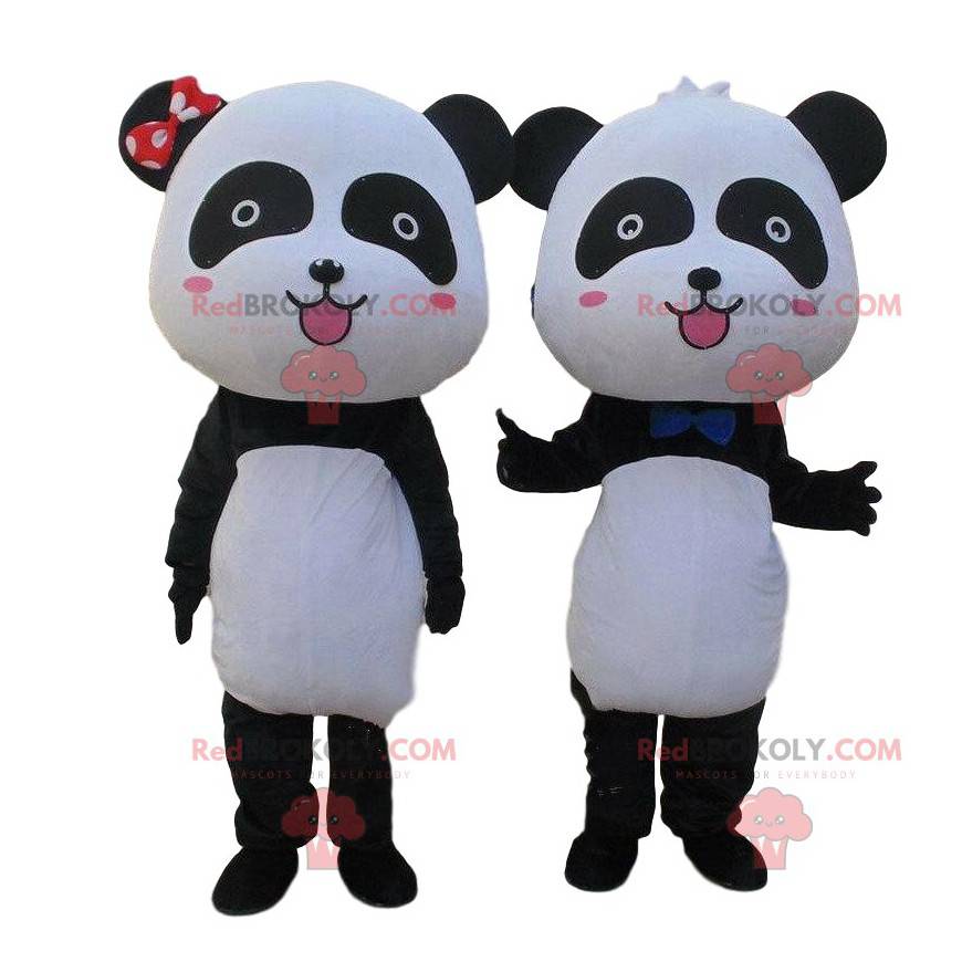 2 black and white panda mascots, couple of pandas -