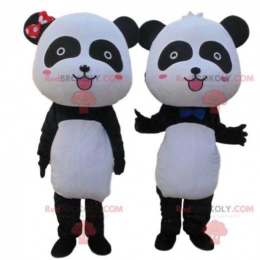2 mascotes panda preto e branco, casal de pandas -