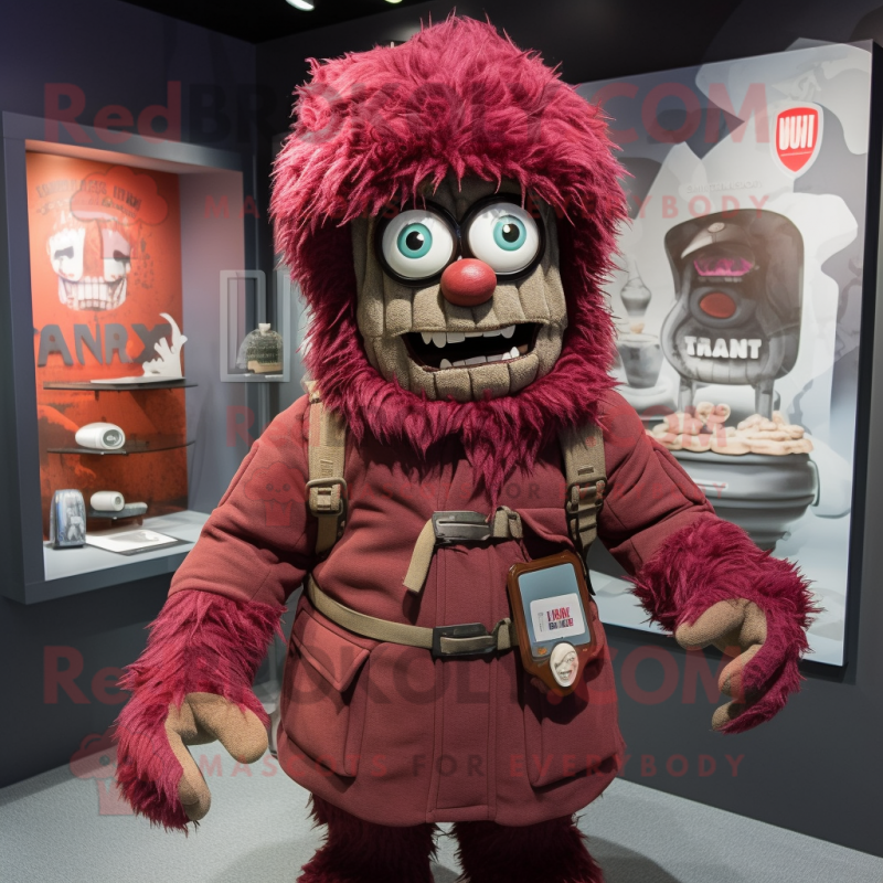 Maroon Frankenstein mascot costume character dressed with a Parka and Hats