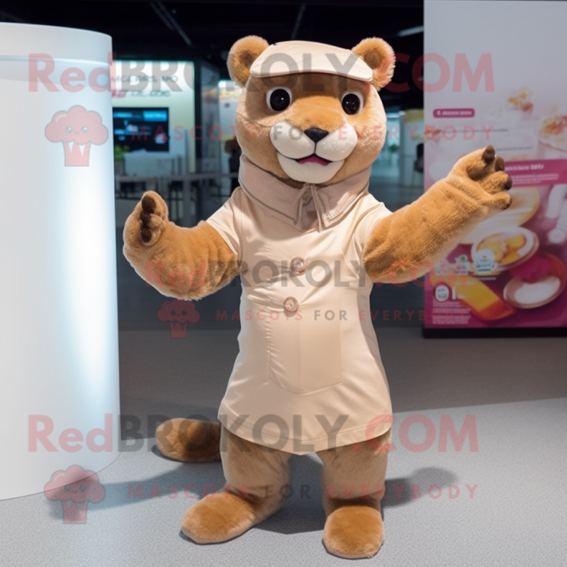 Cream Jaguarundi mascot costume character dressed with a Culottes and Gloves