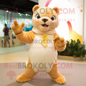 Cream Jaguarundi mascot costume character dressed with a Culottes and Gloves