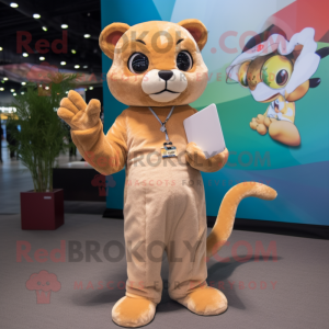 Cream Jaguarundi mascot costume character dressed with a Culottes and Gloves