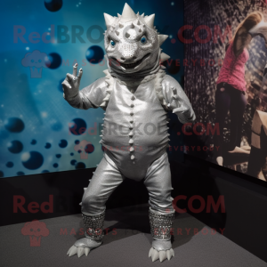 Silver Ankylosaurus mascot costume character dressed with a Jeggings and Anklets