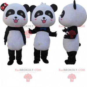 2 mascotes panda preto e branco, casal de pandas -
