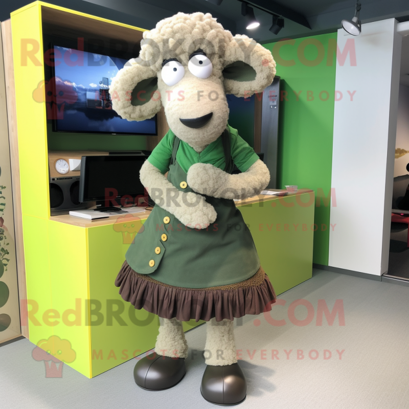 Olive Sheep mascot costume character dressed with a A-Line Skirt and Shoe laces Olive Sheep mascot costume character dressed with a A-Line Skirt and Shoe laces