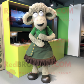 Olive Sheep mascot costume character dressed with a A-Line Skirt and Shoe laces