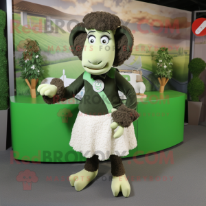 Olive Sheep mascot costume character dressed with a A-Line Skirt and Shoe laces