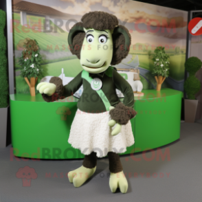 Olive Sheep mascot costume character dressed with a A-Line Skirt and Shoe laces